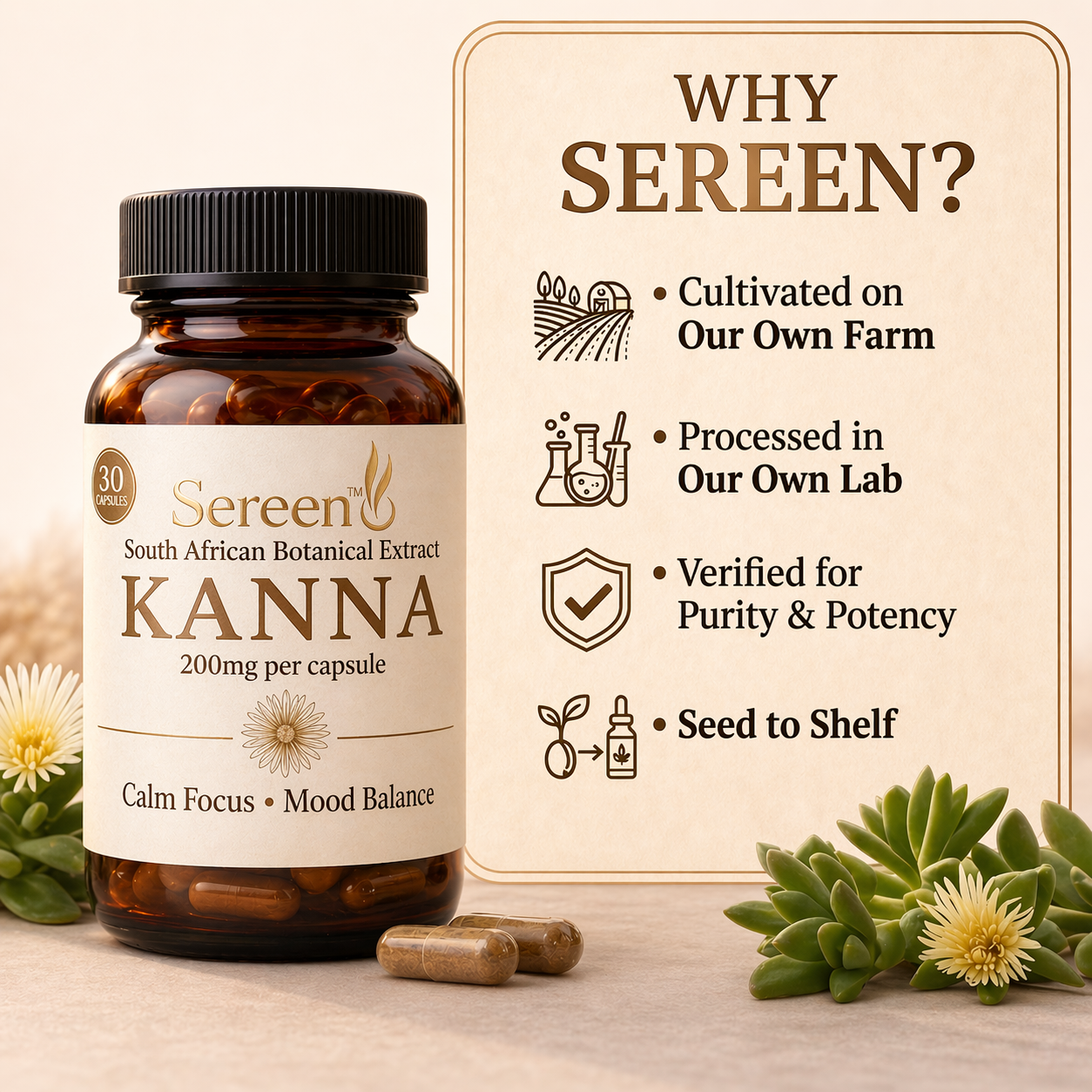 Why choose Sereen — farm-grown, lab-standardised South African Kanna from soil to capsule